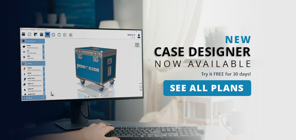 New case designer now available with computer screen showing blue flight case being designed in the software