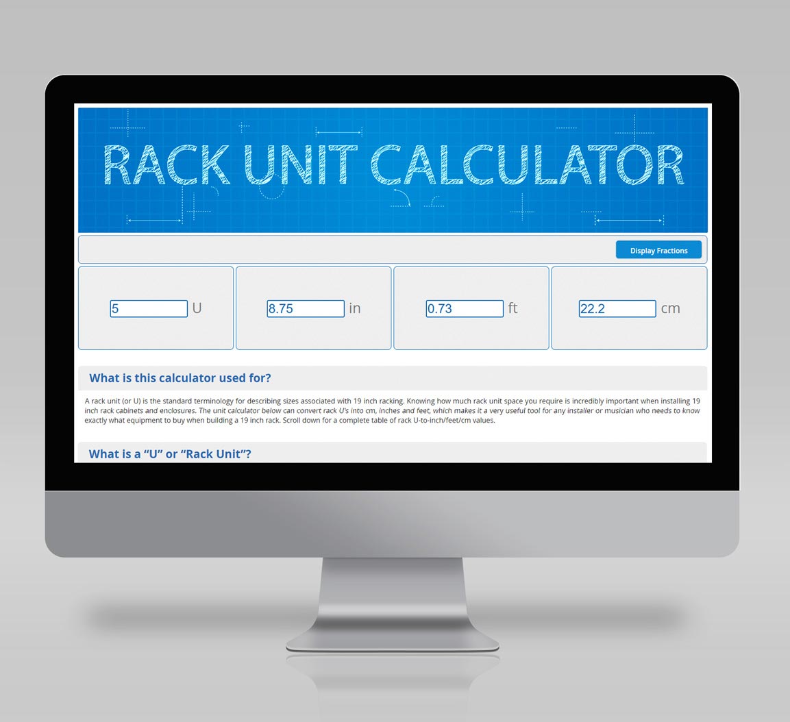 Rack unit calculator screen on computer 